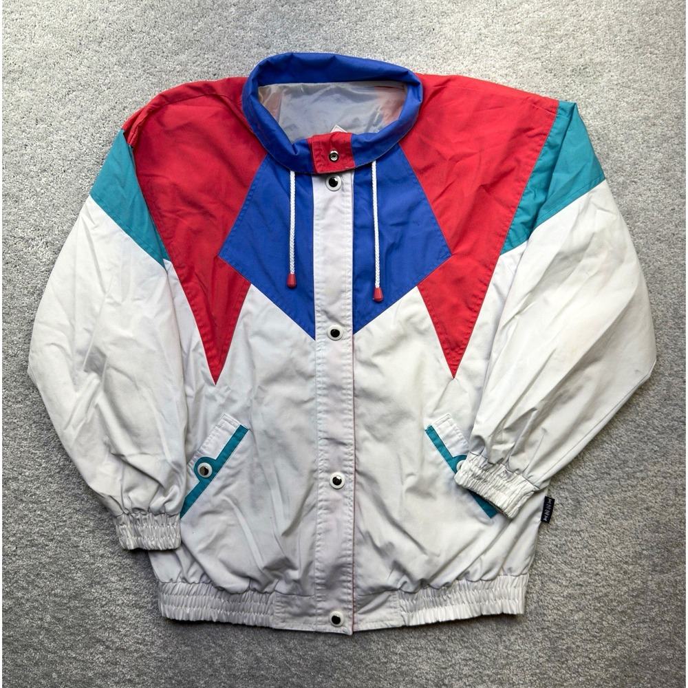 Vintage 90's IZZI Colorblock Windbreaker Jacket Mens Retro 80s Style White Teal